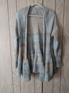 Open-Front Chunky Knit Cardigan Sweater in Sage and Taupe